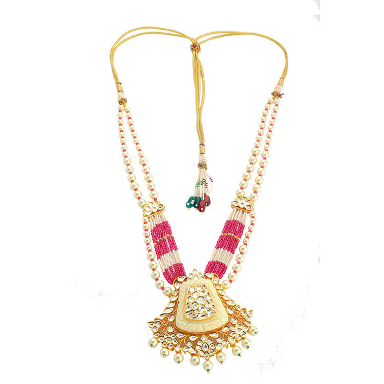 24 Karat Gold Plated Kundan Pendant Necklace Set with Carving Stones