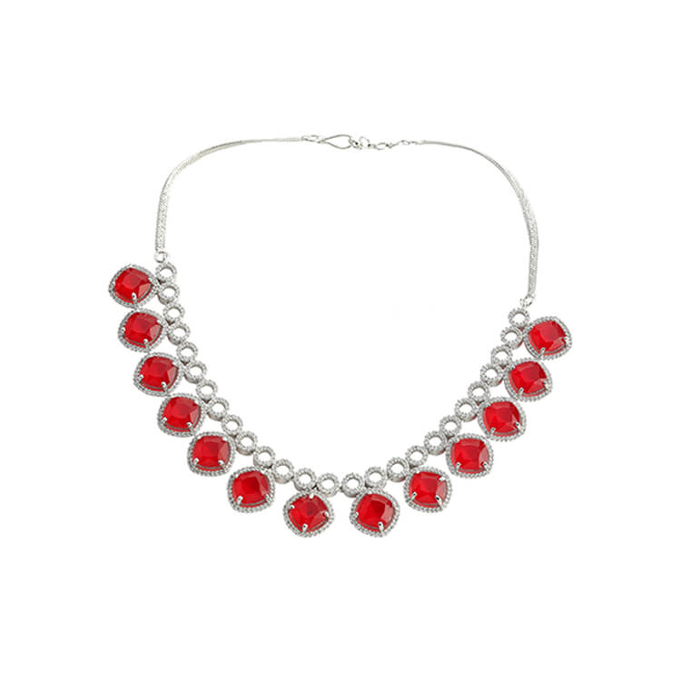 Luxurious Silver, Ruby, and American Diamond Necklace Set