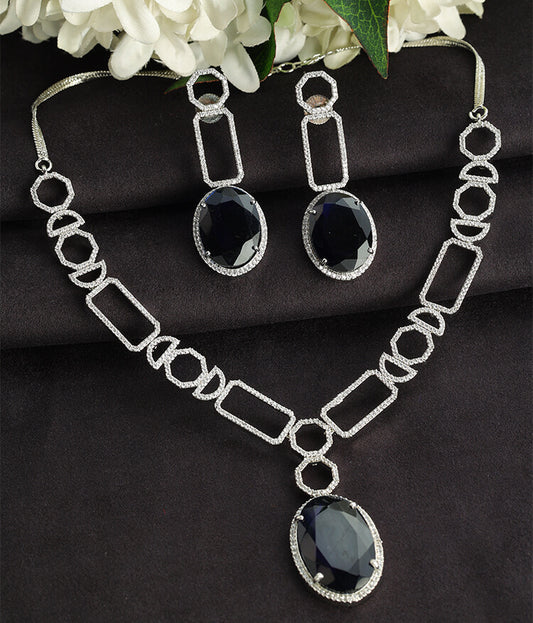 Blue Russian Stone Necklace Set with American Diamond and Silver Plating