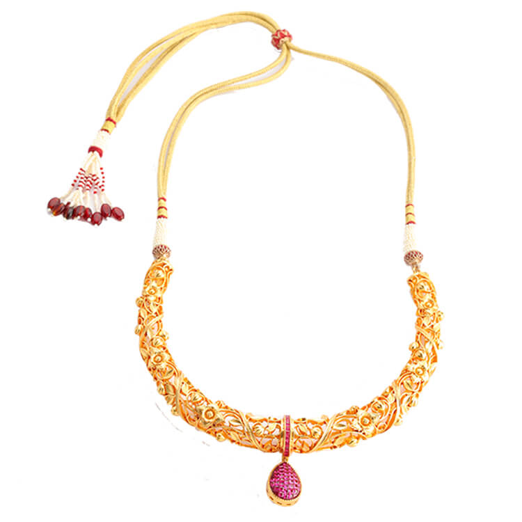 Ruby-Studded 2grm Gold-Plated Hasli Necklace Set for a Touch of Elegance