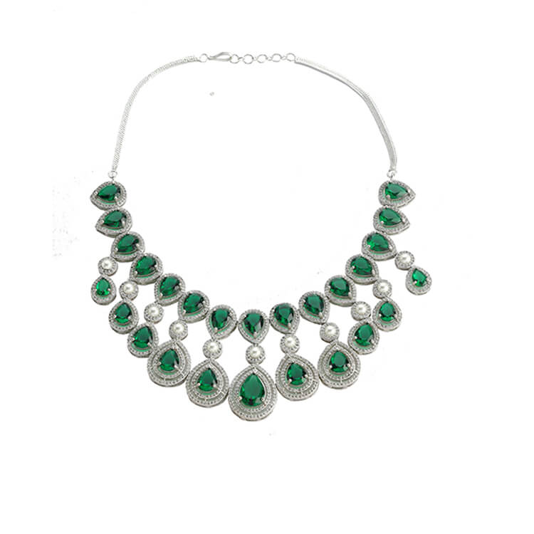 Stunning Silver Necklace with Pearl and Green German Stones by Amrapali Design