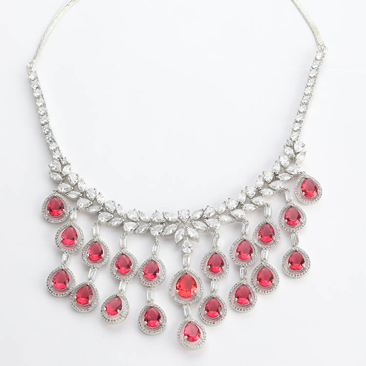 American Diamond Necklace Set with Russian Ruby Stone