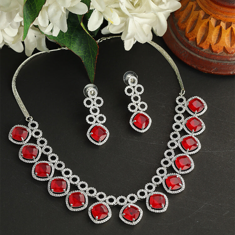 Luxurious Silver, Ruby, and American Diamond Necklace Set