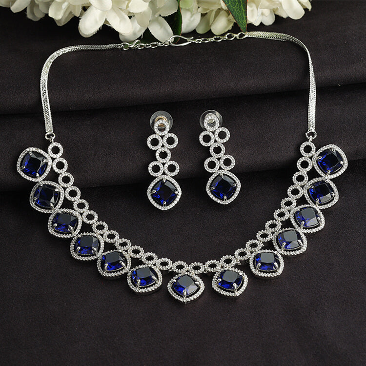 Blue Rushian Stone American Diamond Silver Necklace Set