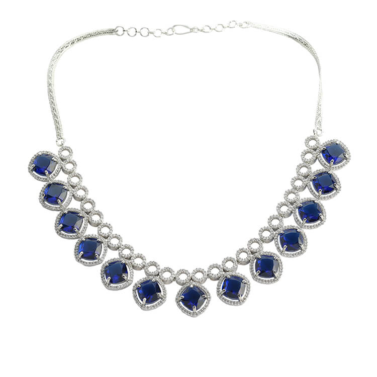 Blue Rushian Stone American Diamond Silver Necklace Set