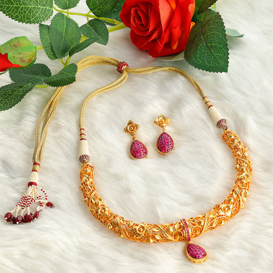 Ruby-Studded 2grm Gold-Plated Hasli Necklace Set for a Touch of Elegance