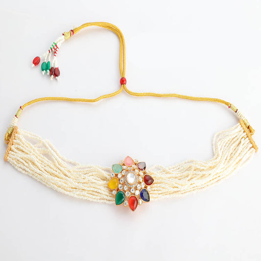 24 Karat Gold Plated Navratan Semi-Precious Stone Choker Set