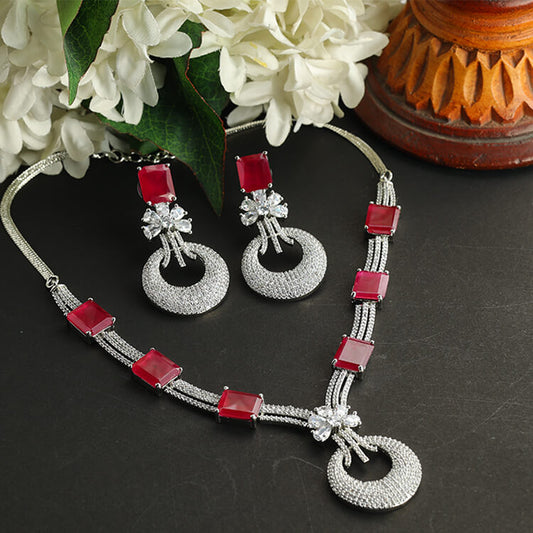 Silver, Ruby, and American Diamond Necklace Set - Zever Collections