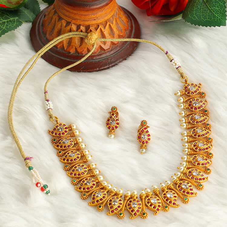 Temple Jewellery-Inspired Ruby-Studded 2grm Gold-Plated Necklace Set