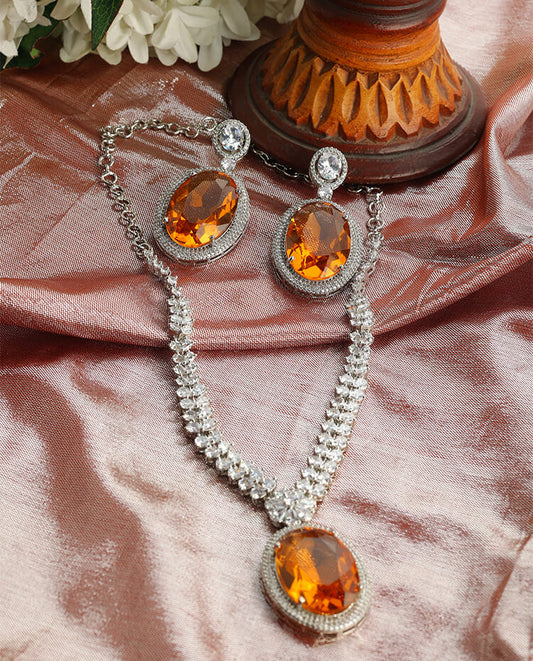 Golden German Stone Necklace with American Diamonds