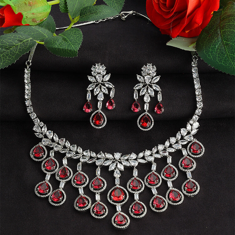 American Diamond Necklace Set with Russian Ruby Stone