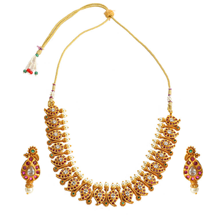 Temple Jewellery-Inspired Ruby-Studded 2grm Gold-Plated Necklace Set