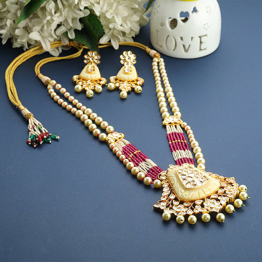 24 Karat Gold Plated Kundan Pendant Necklace Set with Carving Stones