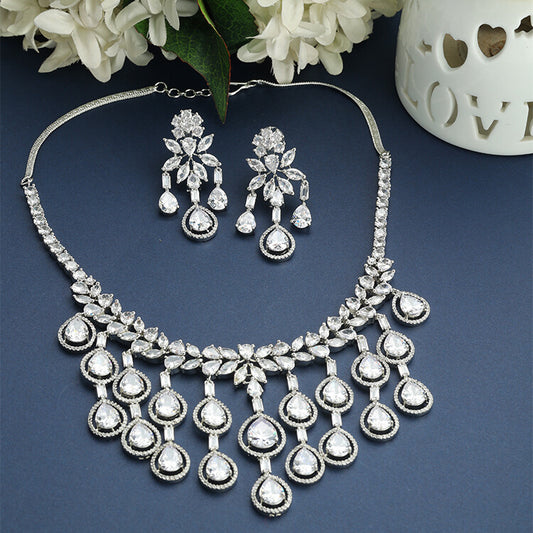 Radiant American Diamond Necklace Set with White Rhodium Polish