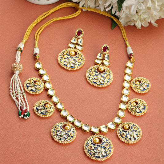 24 Karat Gold Plating Kundan Necklace Set with Blue Meena Detailing