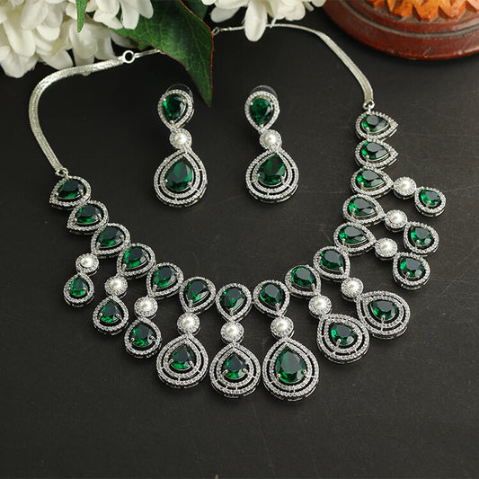 Stunning Silver Necklace with Pearl and Green German Stones by Amrapali Design