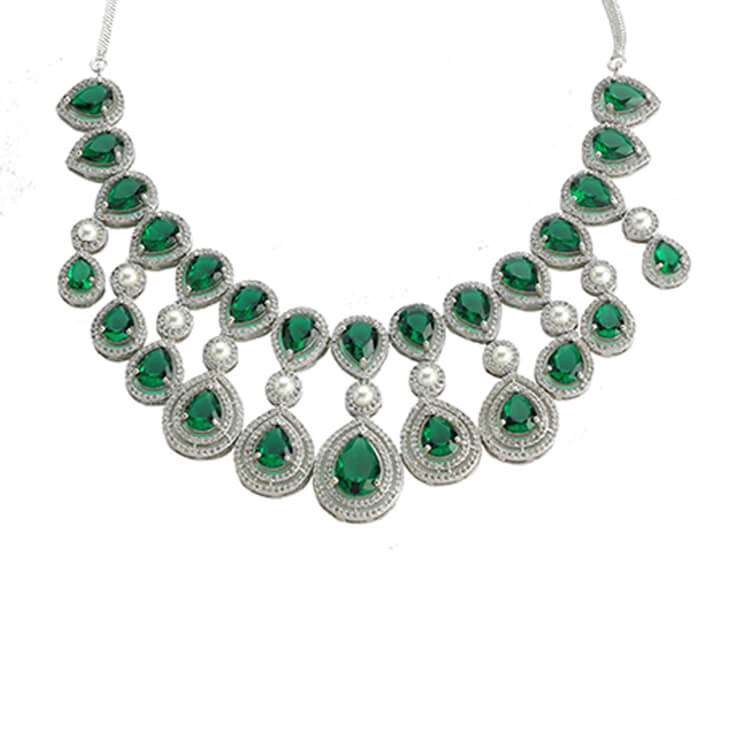 Stunning Silver Necklace with Pearl and Green German Stones by Amrapali Design