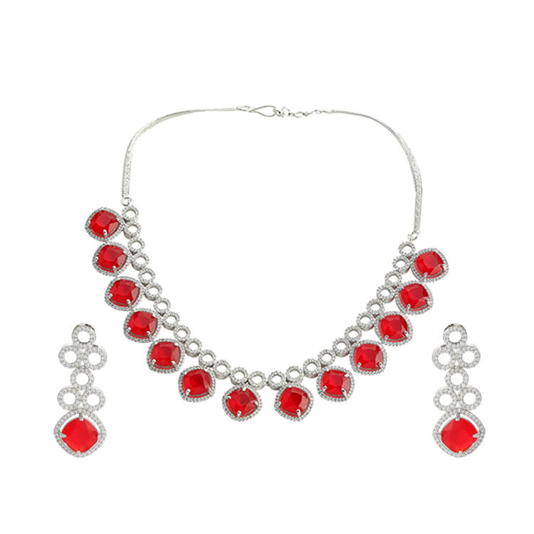 Luxurious Silver, Ruby, and American Diamond Necklace Set