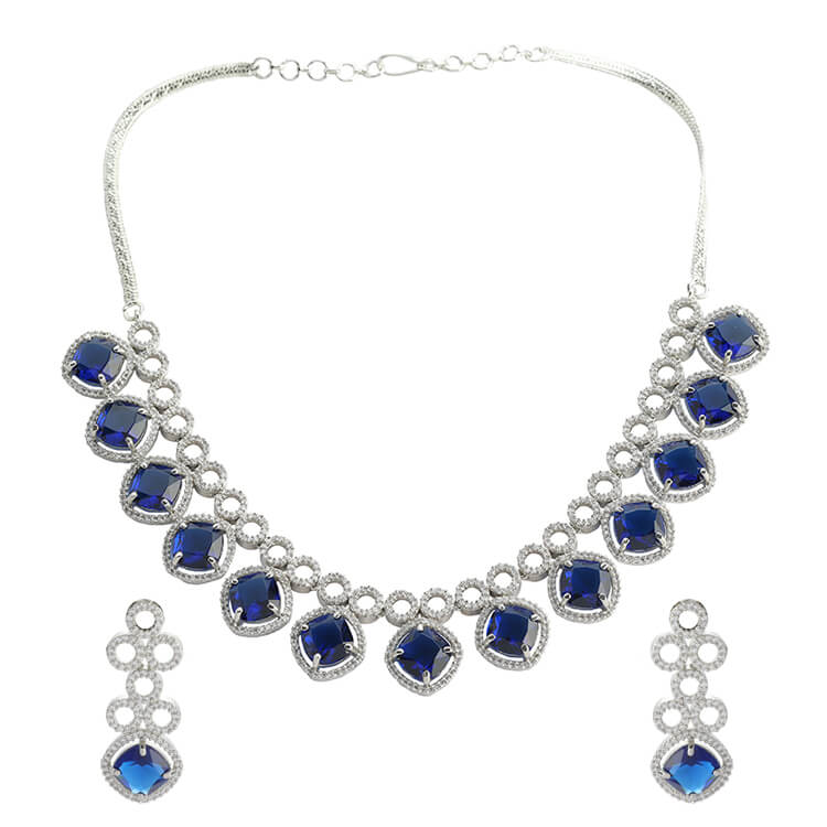 Blue Rushian Stone American Diamond Silver Necklace Set