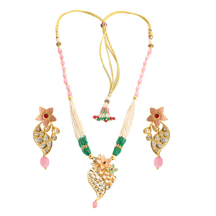 Exquisite 2grm Gold-Plated Kundan Polki Pendant Set for a Touch of Glamour