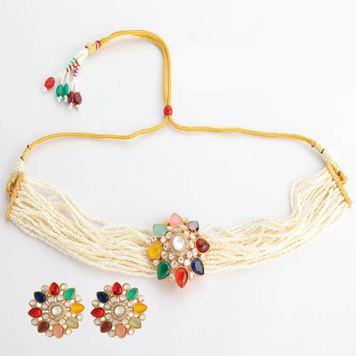 24 Karat Gold Plated Navratan Semi-Precious Stone Choker Set