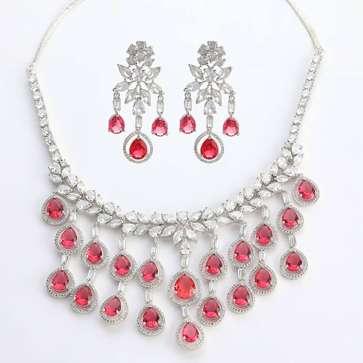 American Diamond Necklace Set with Russian Ruby Stone