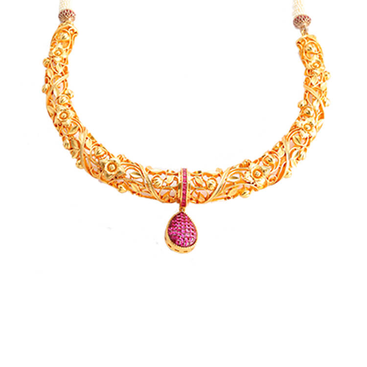 Ruby-Studded 2grm Gold-Plated Hasli Necklace Set for a Touch of Elegance