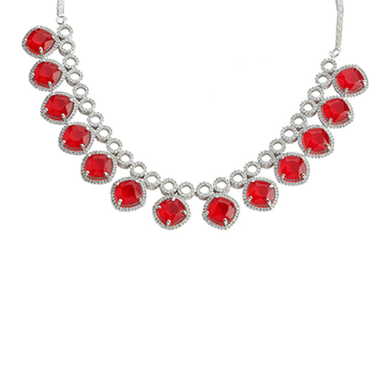 Luxurious Silver, Ruby, and American Diamond Necklace Set