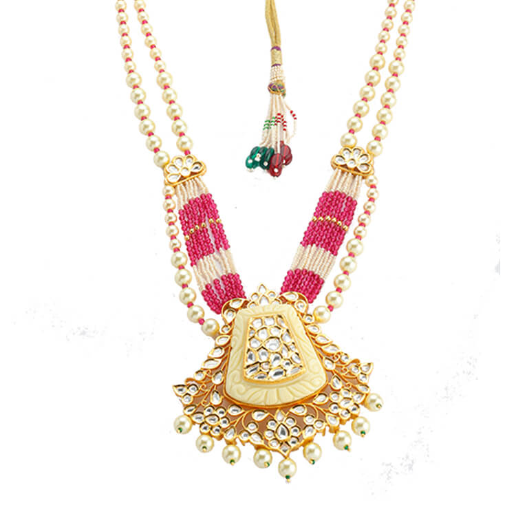 24 Karat Gold Plated Kundan Pendant Necklace Set with Carving Stones