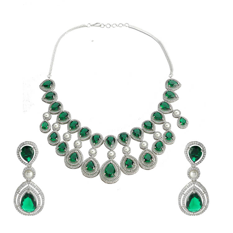 Stunning Silver Necklace with Pearl and Green German Stones by Amrapali Design