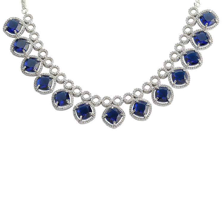 Blue Rushian Stone American Diamond Silver Necklace Set