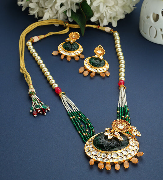 Gold Plated Kundan Pendant Set with Carved Green Stone