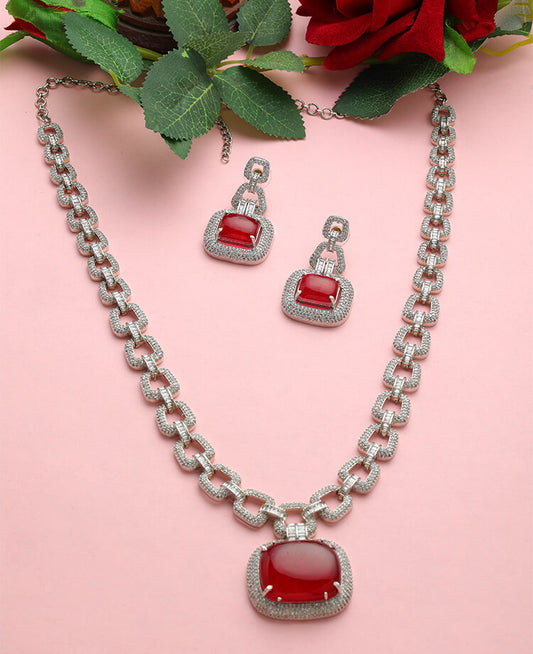 American Diamond Long Neckpiece with Doublet Ruby Stone